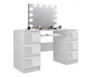 Set Masa toaleta, 130 cm, cosmetica machiaj, masuta vanity, oglinda cu LED-uri - Alb Lucios