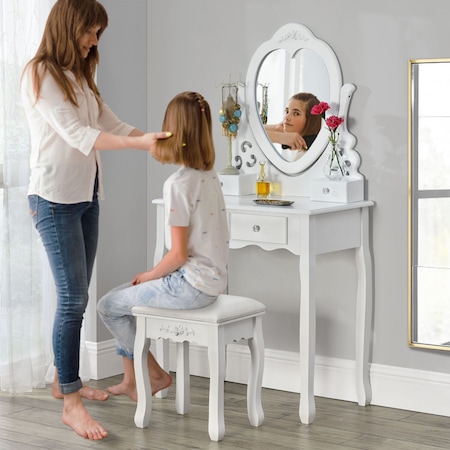 Set masa de toaleta pentru machiaj "Afrodita" , cu oglinda in forma de inima si scaun tapitat, MDF alb